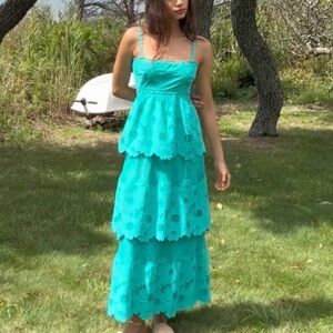 NWT Anthropologie Saylor Elloise Eyelet Tiered Turquoise Midi Dress